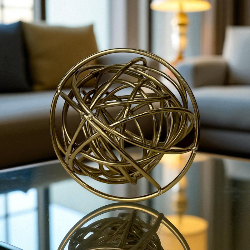 Golden Abstract Wire Orb Sculptures