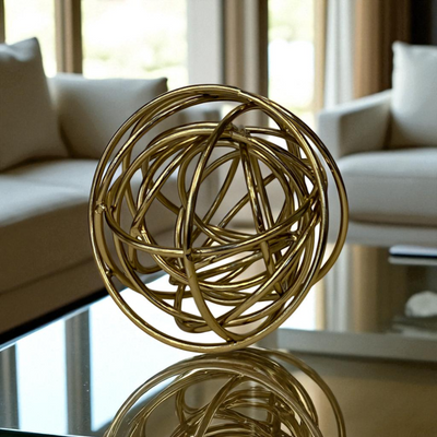 Golden Abstract Wire Orb Sculptures