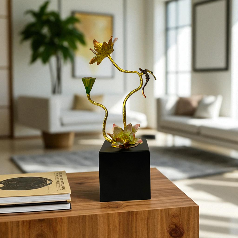 Golden Lotus & Hummingbird Sculpture on Black Base