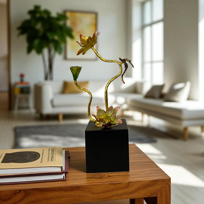 Golden Lotus & Hummingbird Sculpture on Black Base