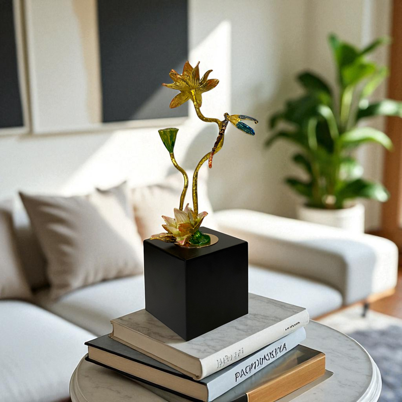 Golden Lotus & Hummingbird Sculpture on Black Base