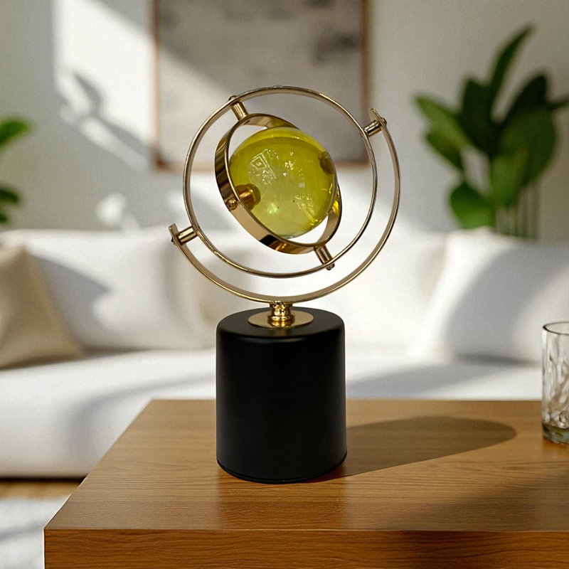 Golden Orbit Crystal Sphere Sculpture