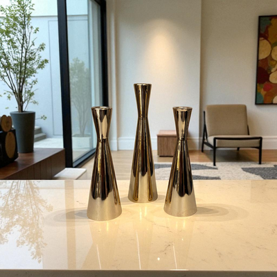 Modern Chrome Taper Candle Holder Set