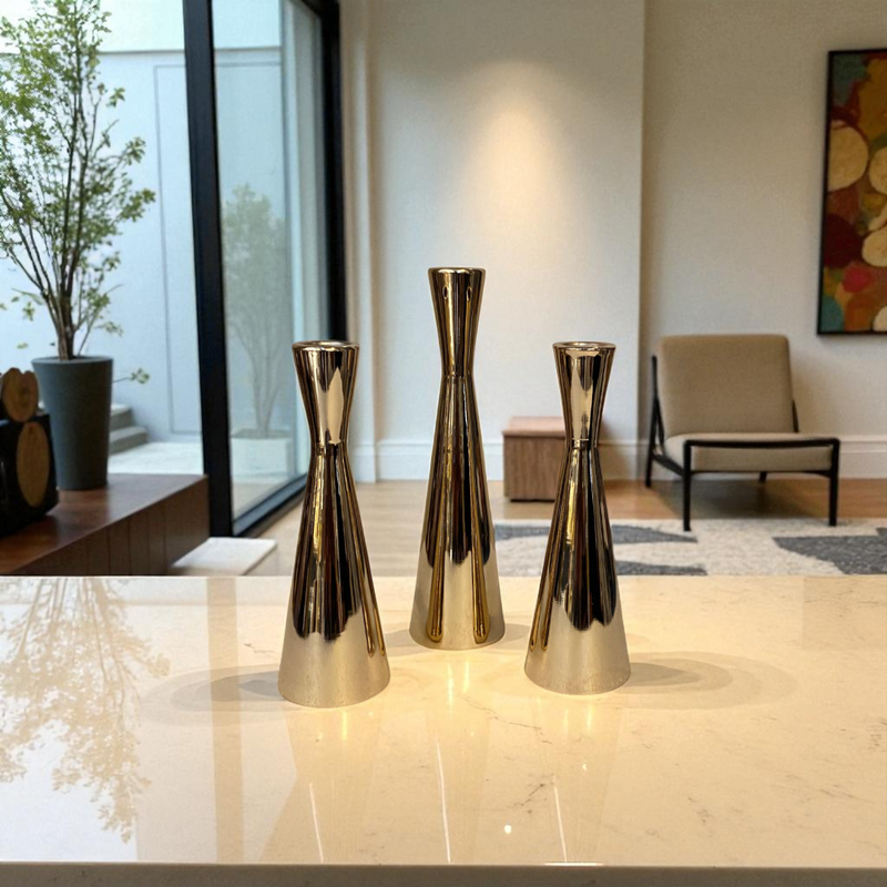 Modern Chrome Taper Candle Holder Set