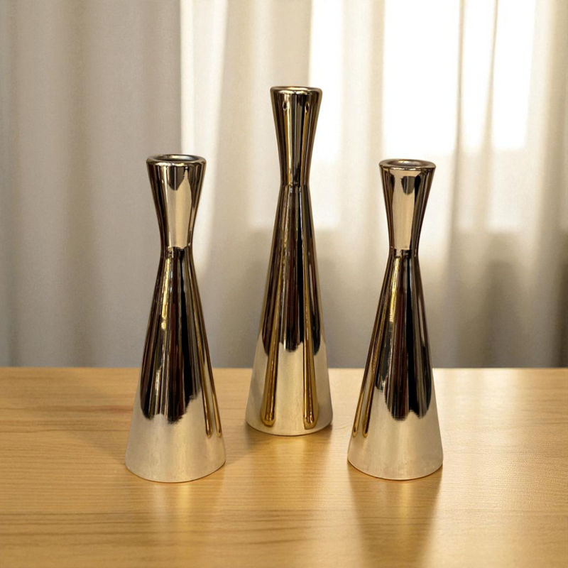 Modern Chrome Taper Candle Holder Set
