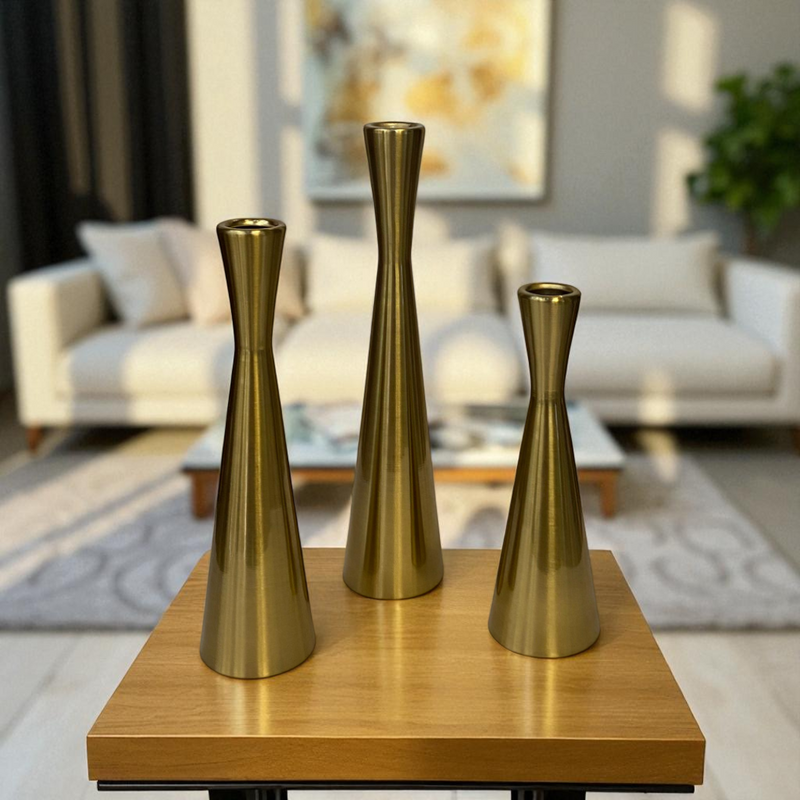 Modern Chrome Taper Candle Holder Set