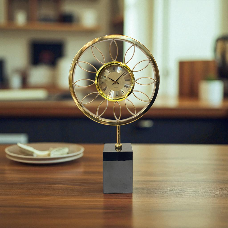 Golden Sunburst Table Clock on Black Crystal Base