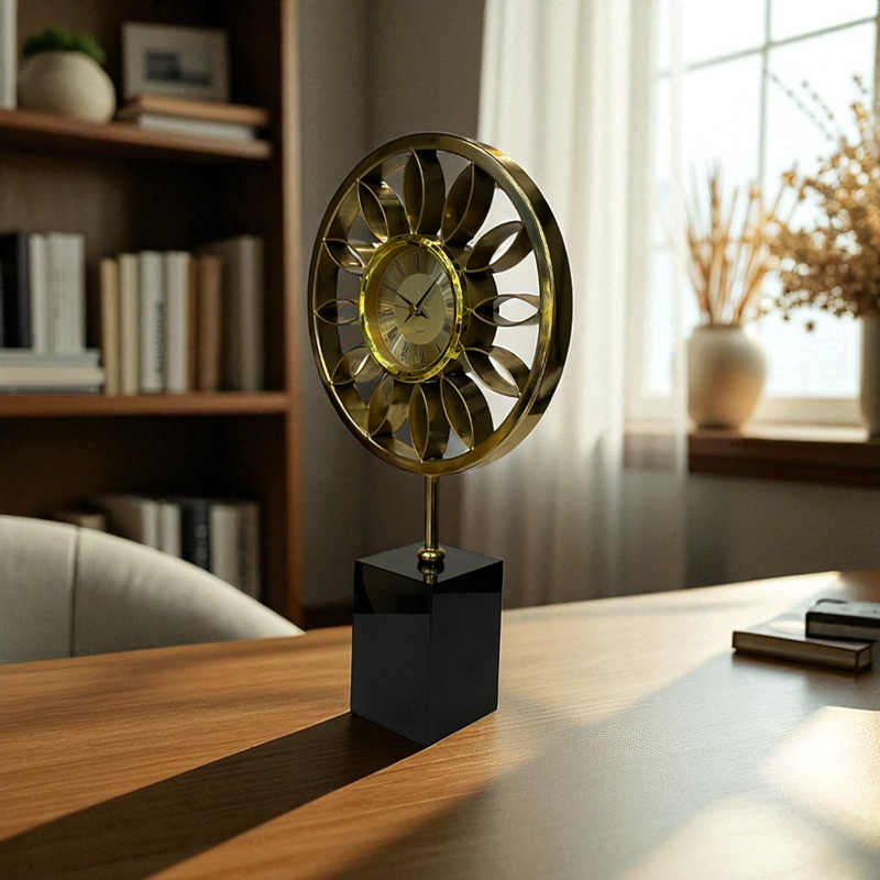 Golden Sunburst Table Clock on Black Crystal Base