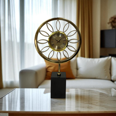 Golden Sunburst Table Clock on Black Crystal Base