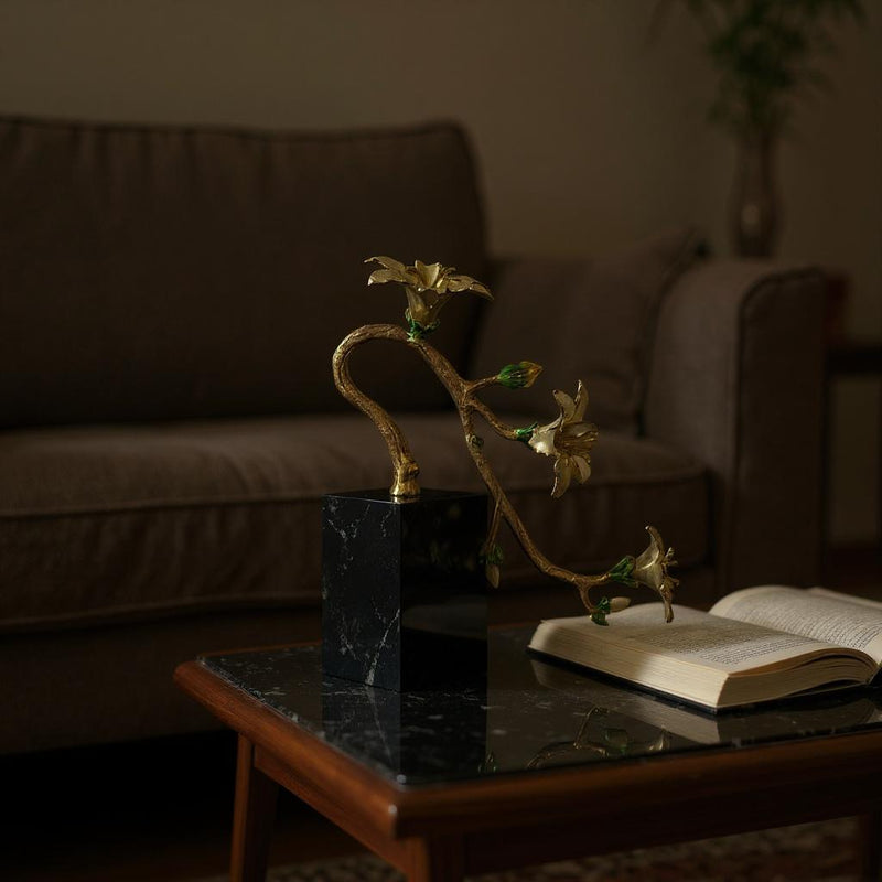 Golden Floral Accent Sculpture on Black crystal Base