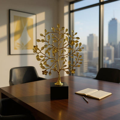 Golden Metallic Leaf Sculpture on Black Base