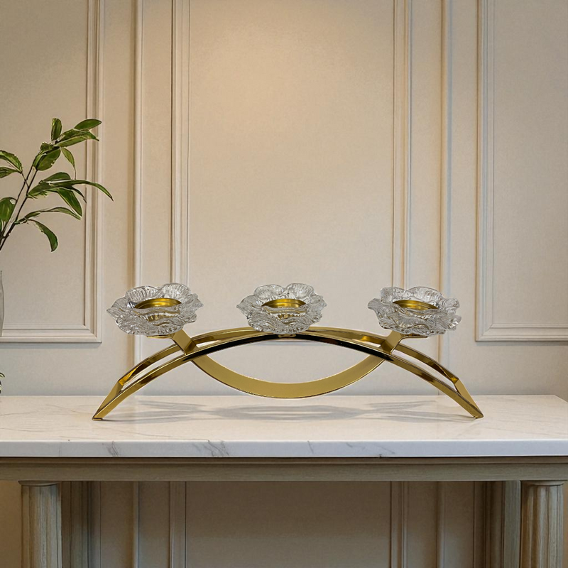 Modern Gold Candle Holder with Crystal Flowers
