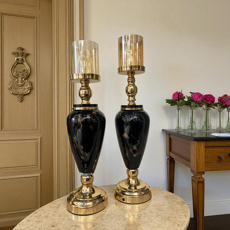 Elegant Black-Gold Ceramic Candle Stands