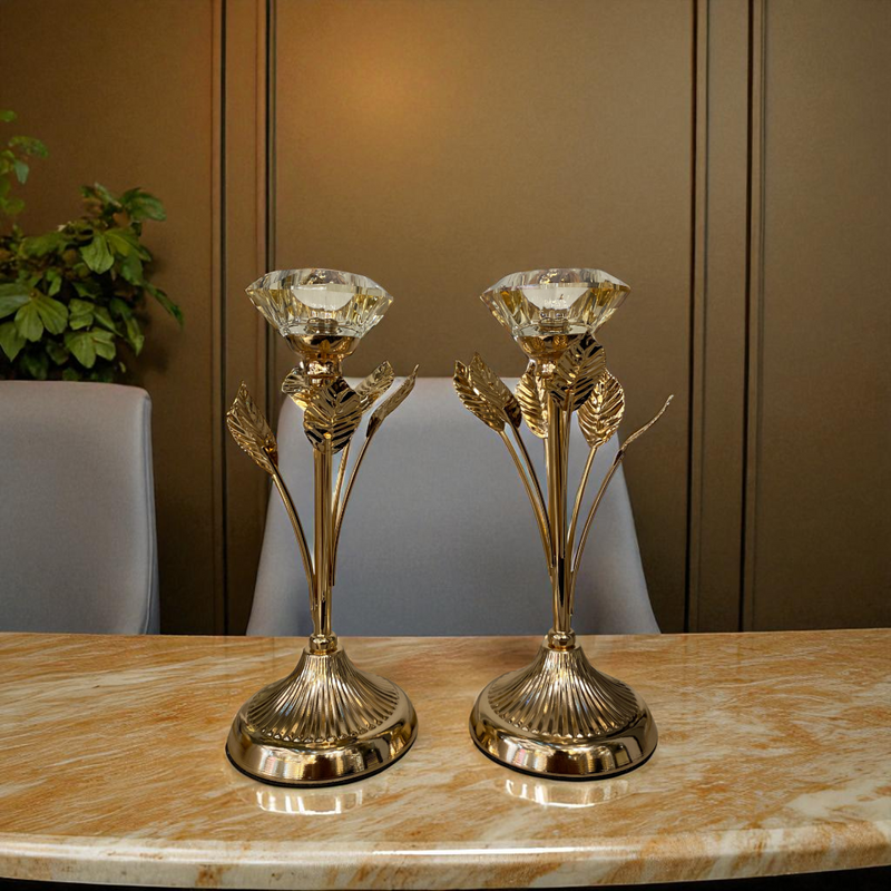 Golden Floral Crystal Candle Holders