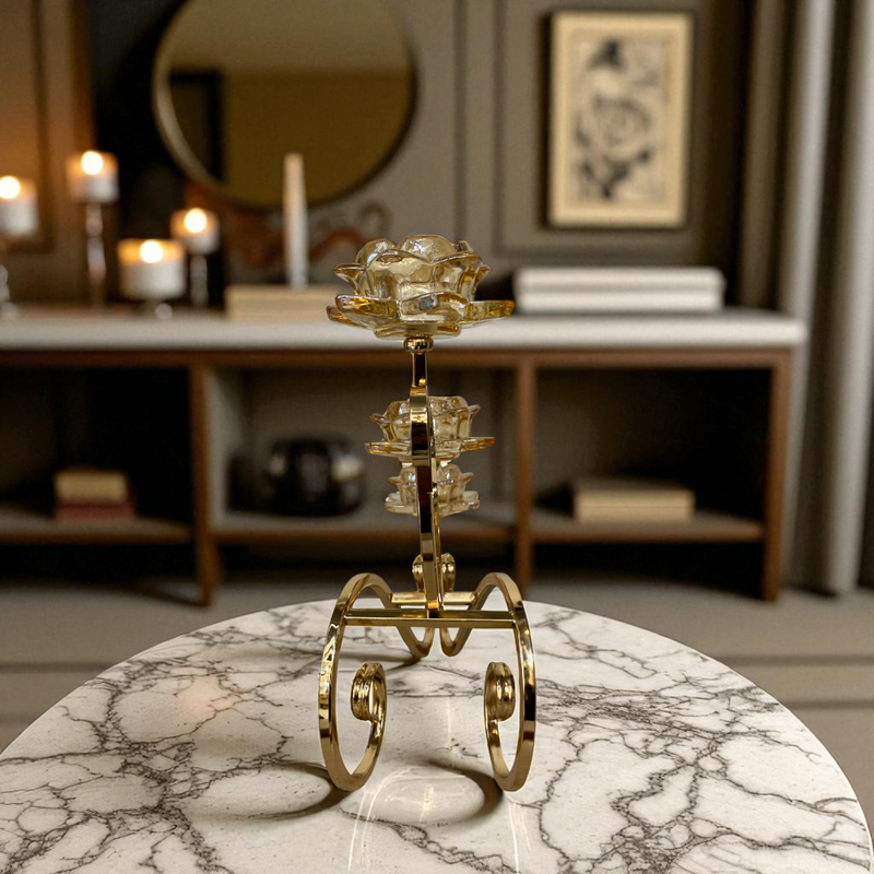 Luxury Gold Metallic Candle Holder with Crystal Lotus