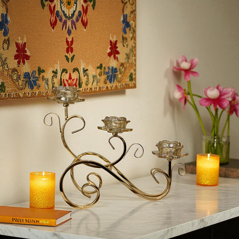 Luxury Gold Metallic Candle Holder with Crystal Lotus