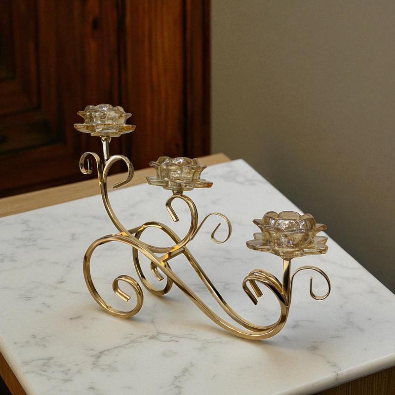 Luxury Gold Metallic Candle Holder with Crystal Lotus