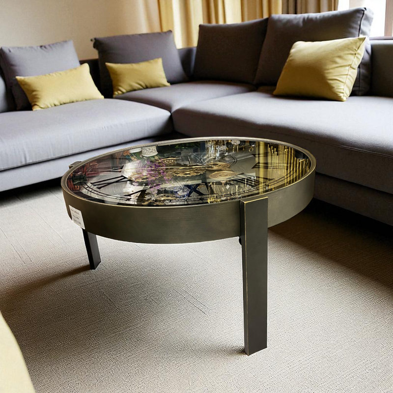 Round World Map Metallic Gear Clock Table