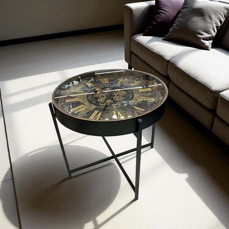 Vintage World Map Gear Clock Side Table