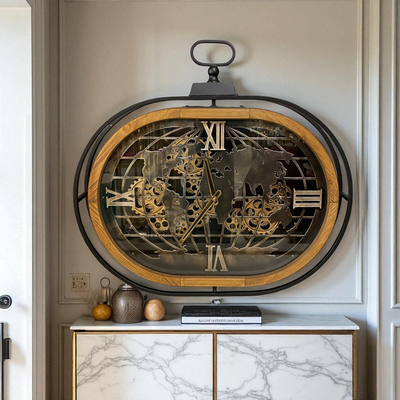 Oval World Map Gear Wall Clock