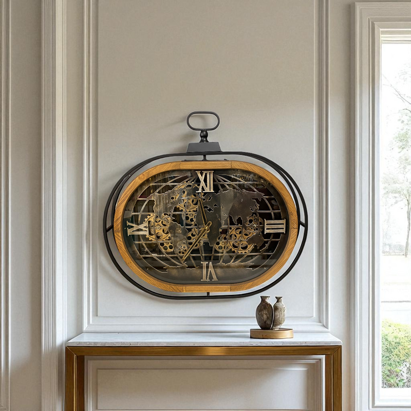 Oval World Map Gear Wall Clock