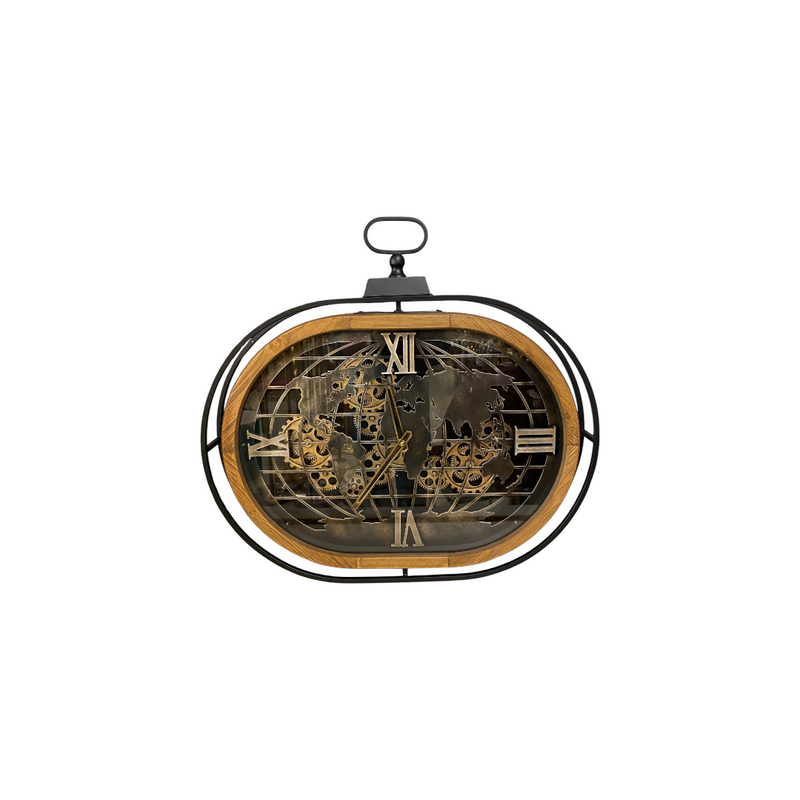 Oval World Map Gear Wall Clock