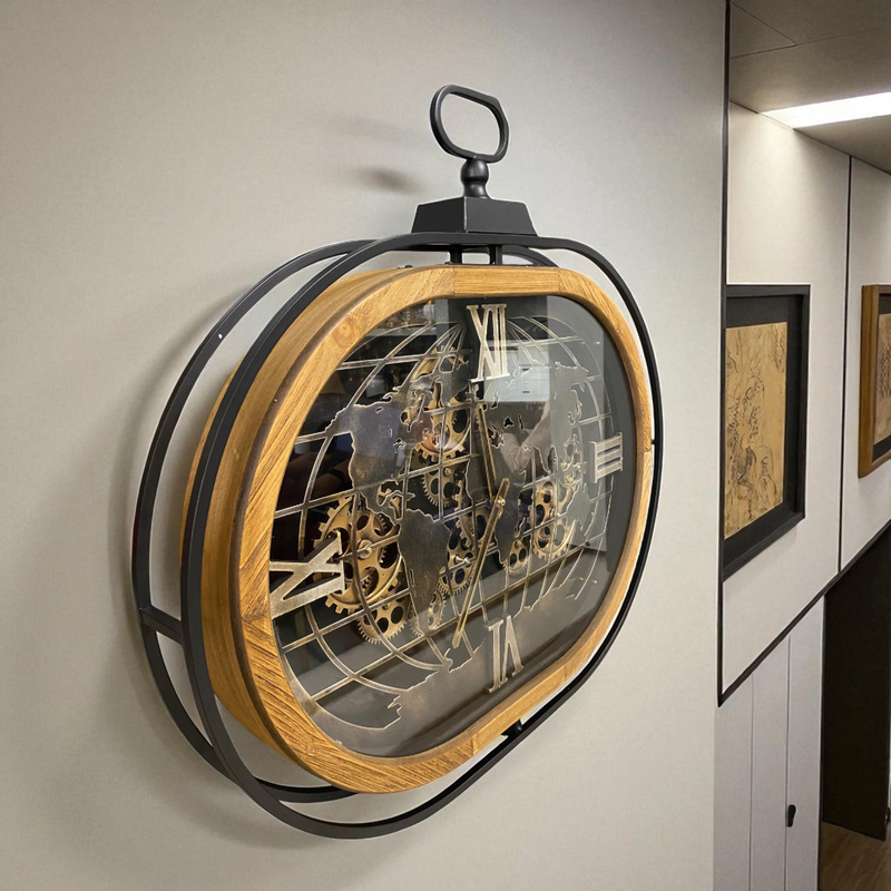 Oval World Map Gear Wall Clock