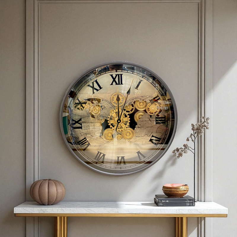 Round World Map Gear Wall Clock