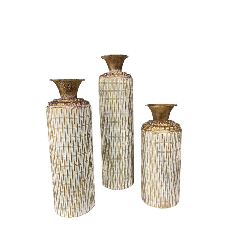 White Textured Decorative Vases with Golden Top