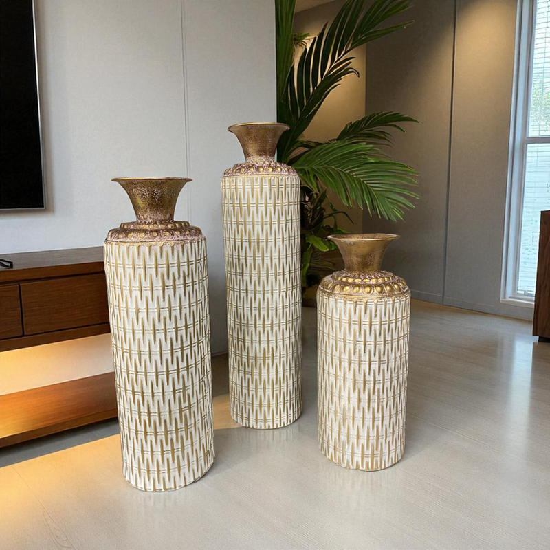 White Textured Decorative Vases with Golden Top