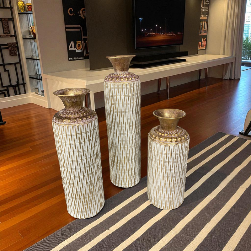 White Textured Decorative Vases with Golden Top