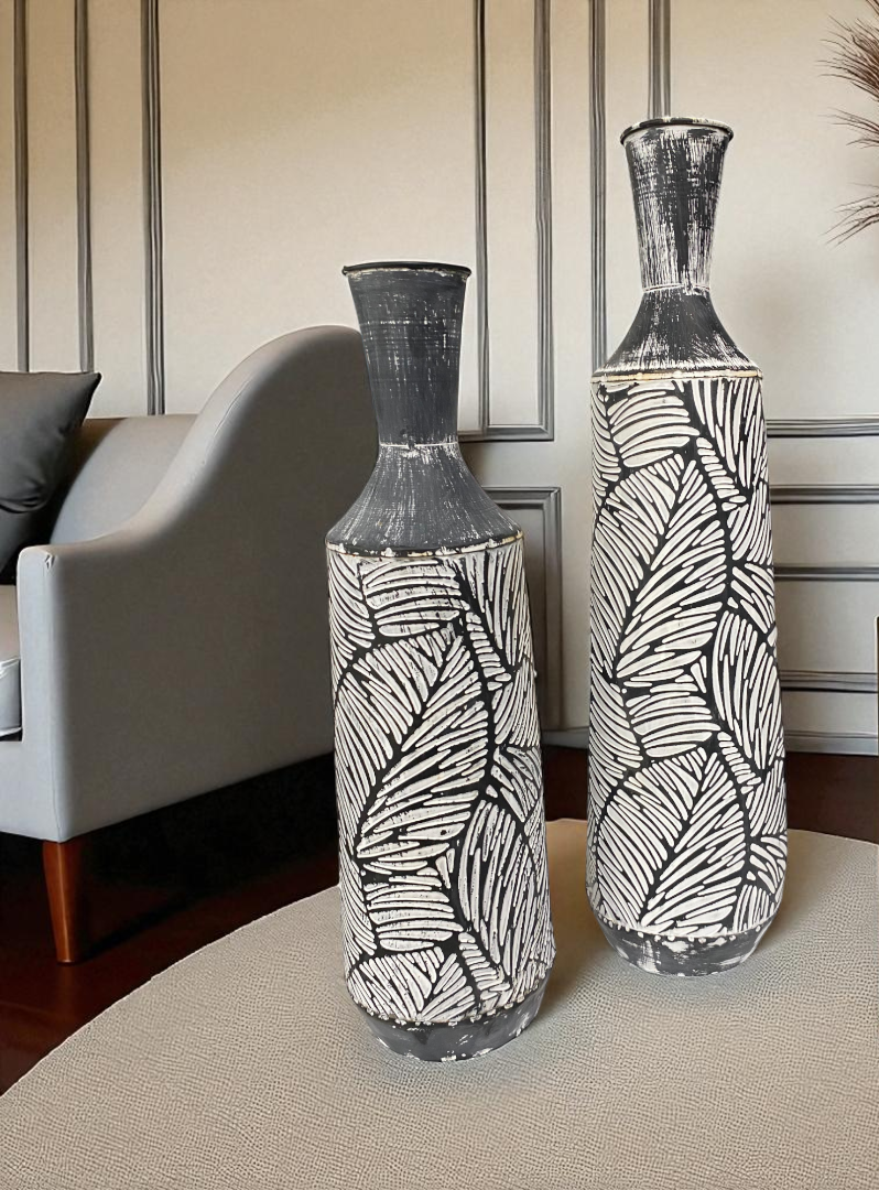 Black & White Leaf Pattern Decorative Vases