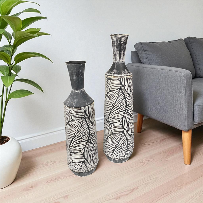 Black & White Leaf Pattern Decorative Vases