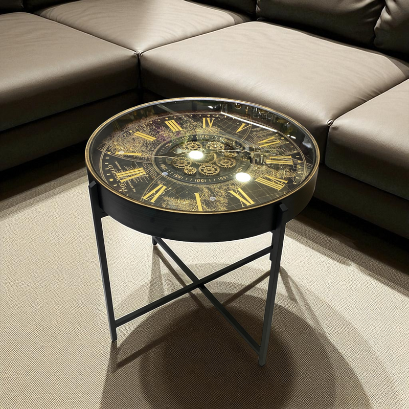 Vintage World Map Gear Clock Side Table