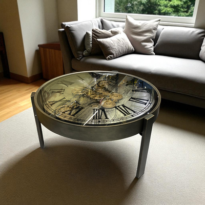 Round World Map Metallic Gear Clock Table