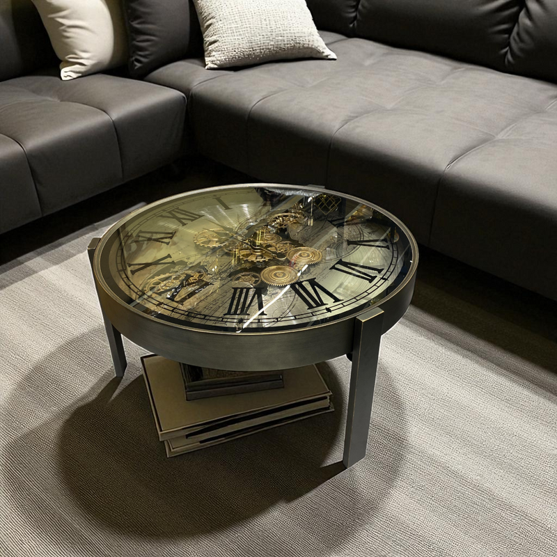 Round World Map Metallic Gear Clock Table