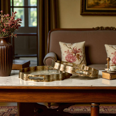 Round Scalloped Edge Gold Trays with Sunburst Design