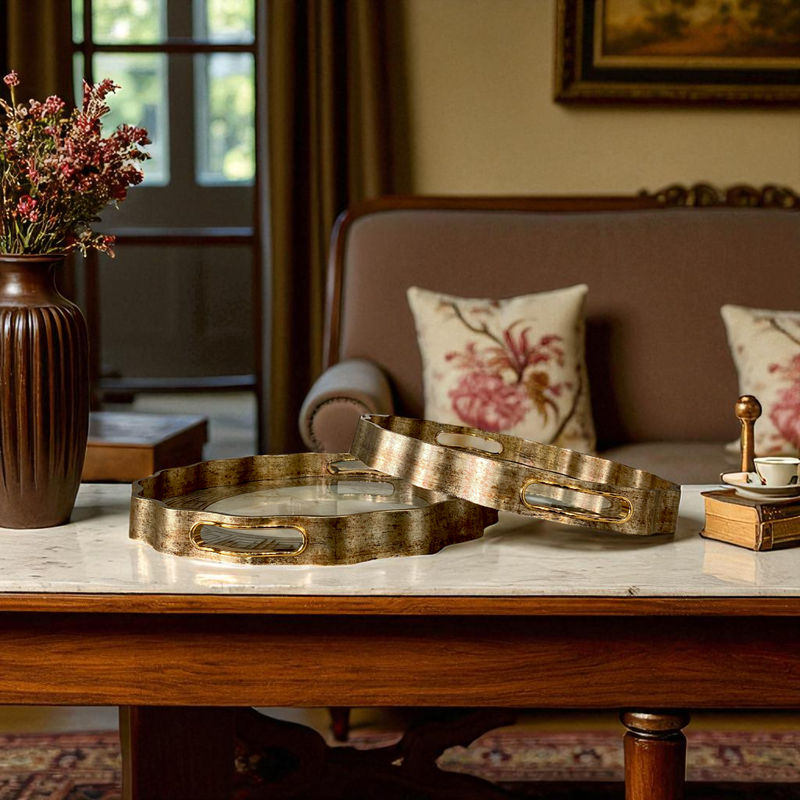 Round Scalloped Edge Gold Trays with Sunburst Design