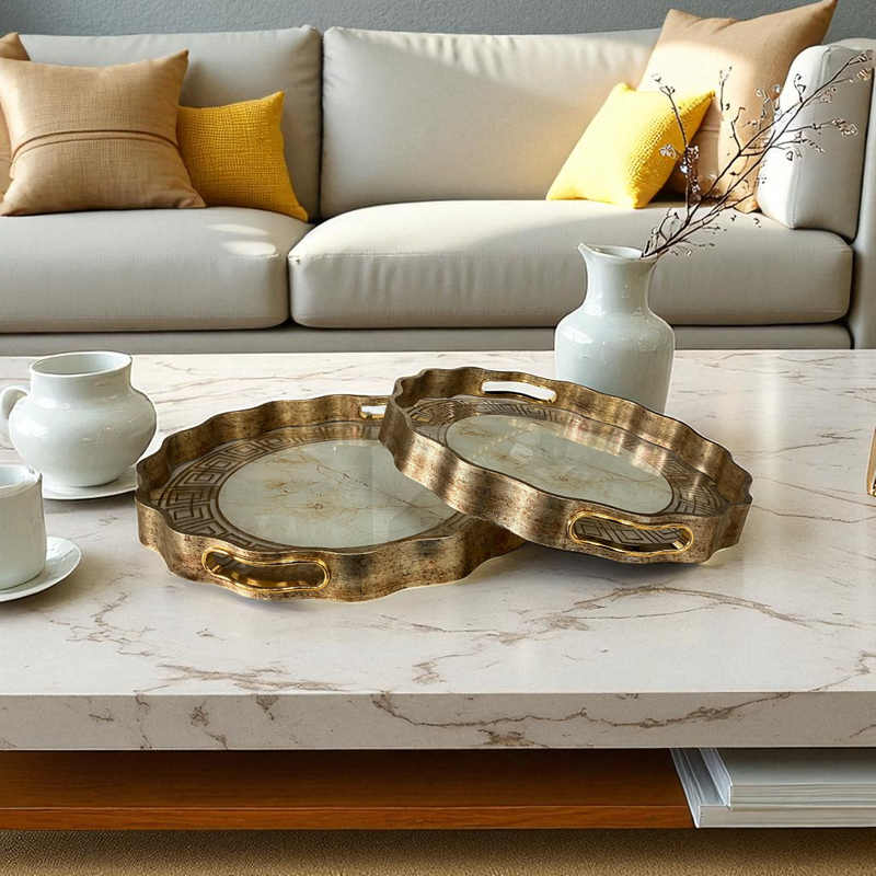Round Scalloped Edge Gold Trays with Sunburst Design
