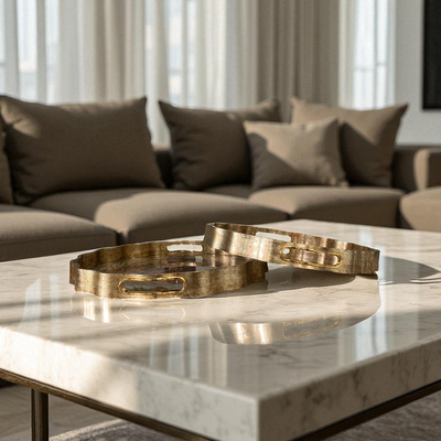 Round Gold-Finish Trays with Floral Pattern