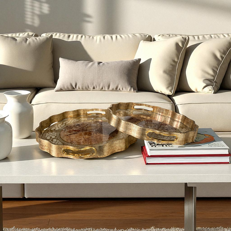 Round Gold-Finish Trays with Floral Pattern
