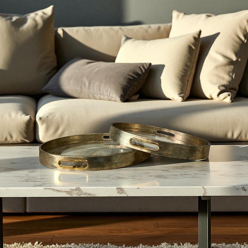 Antique Brass & Marble Decorative Serving Trays