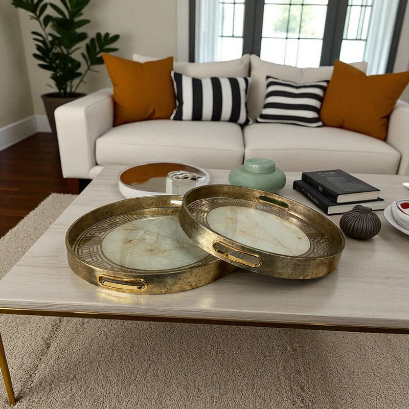 Antique Brass & Marble Decorative Serving Trays