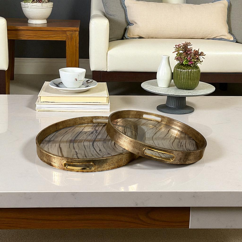 Antique Gold Metal & Glass Serving Tray with Abstract Pattern