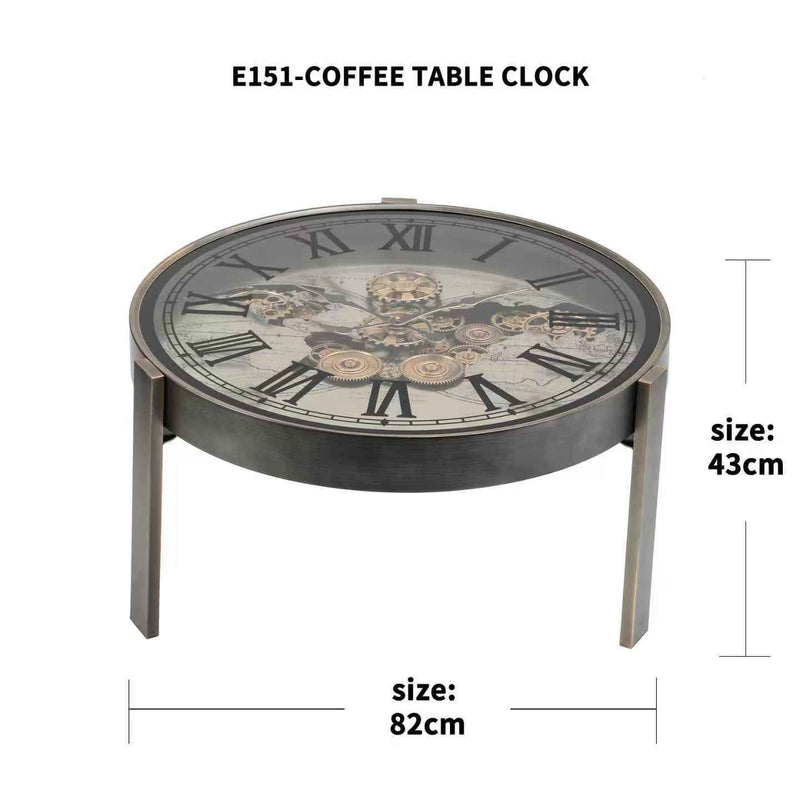 Round World Map Metallic Gear Clock Table