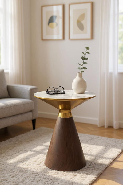 LuxeVista Metallic Coffee Table – White Marble Top with Saddle Brown Base