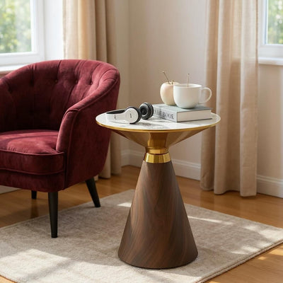 LuxeVista Metallic Coffee Table – White Marble Top with Saddle Brown Base