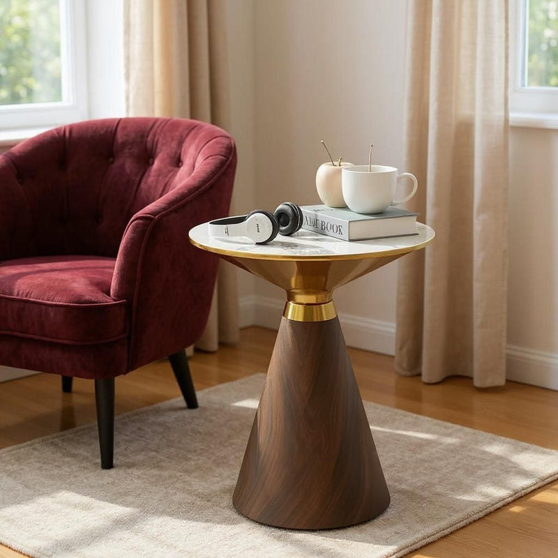 LuxeVista Metallic Coffee Table – White Marble Top with Saddle Brown Base