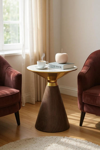 LuxeVista Metallic Coffee Table – White Marble Top with Saddle Brown Base
