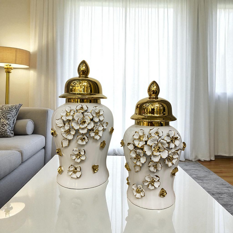 Floral Elegance White-Gold Porcelain Urns